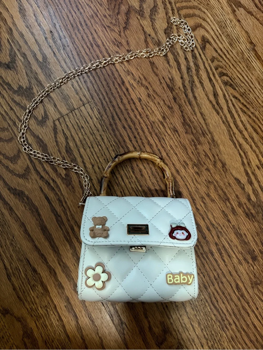 Girl White Quilted Crossbody Mini Bag with Bamboo Handle